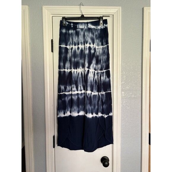 Young Fabulous Broke Pants Women Blue Tie Dye Boho Small Leg Slit Wide Leg Flowy - Picture 1 of 6